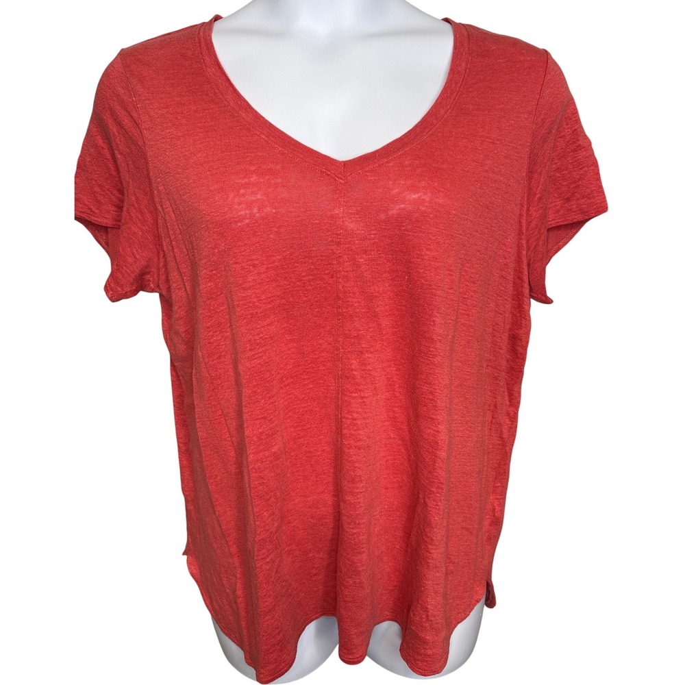 Tahari Womens Coral Red 100% Linen Short Sleeve Top Sz 1X Flowy Lagenlook Office